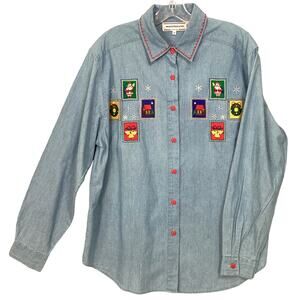 Westbound Casual Shirt Size M Novelty Christmas Button Up Chambray Vintage